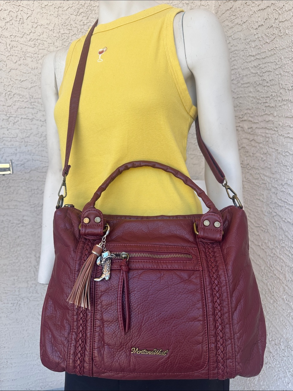 Montana West Burgundy Red Braided Leather Shoulder Bag with Western Bag Charm